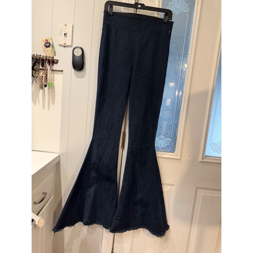 Mother Denim High Rise Flare Jeans Dark Wash Raw Hem Bell Bottom Pull On Boho